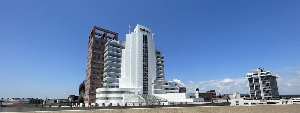 Bridgeport skyline from I-95 south showing People’s Bank building and Park City Plaza, symbolizing Bridgeport’s business district.